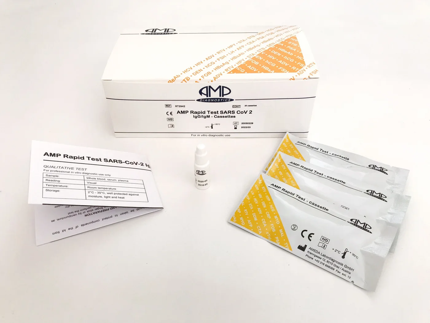 AMP Rapid Test SARS-CoV-2 IgG/IgM kit: box, buffer, sealed cassettes